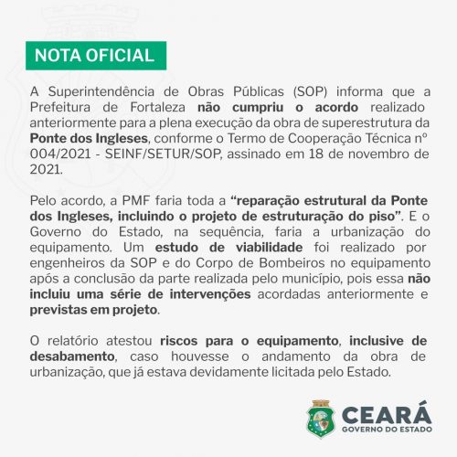 Obra parada da Ponte dos Ingleses gera novo atrito entre Prefeitura de  Fortaleza Governo do Ceará, Ceará